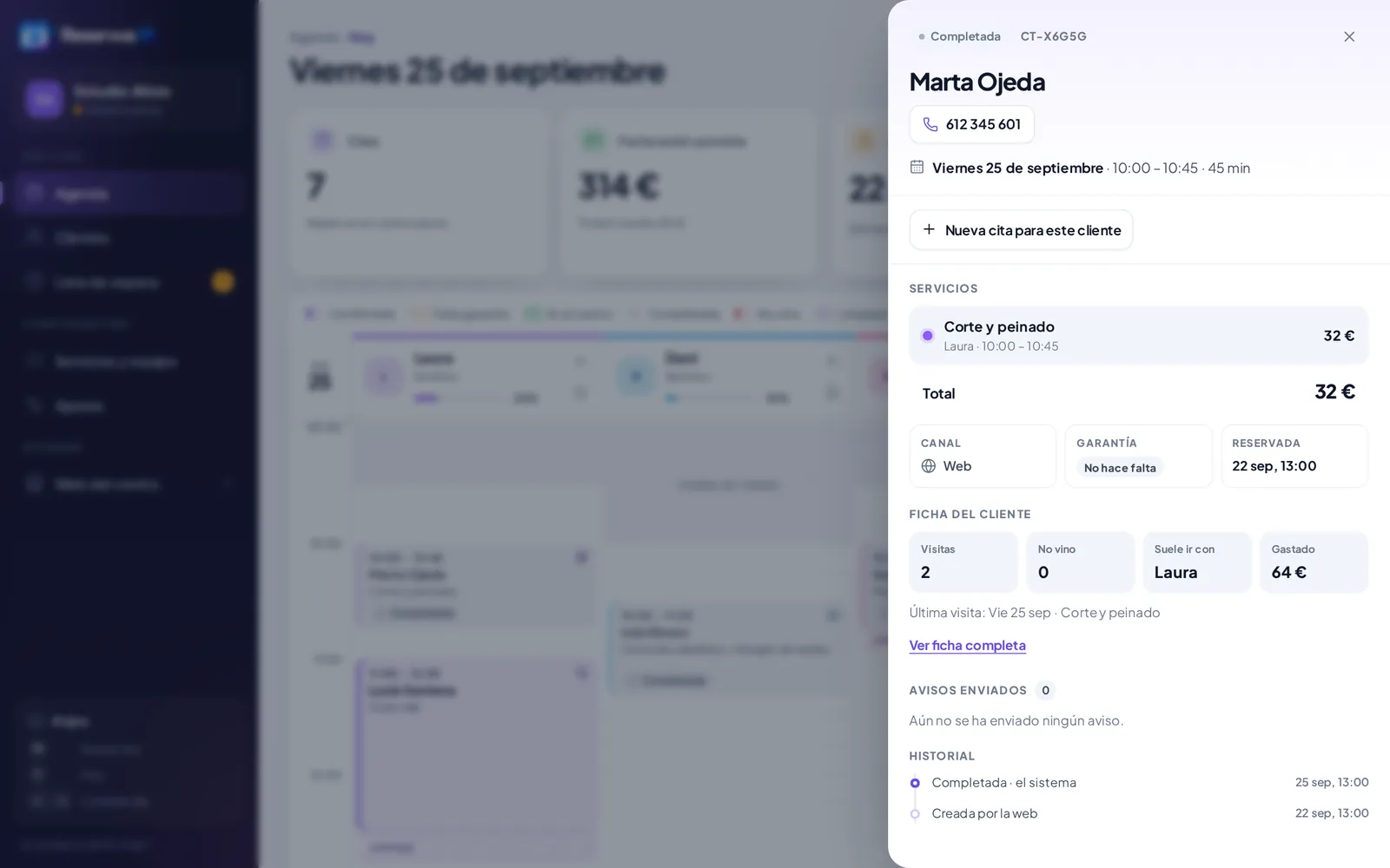 Captura del panel de Reservus IA: ficha de la cita